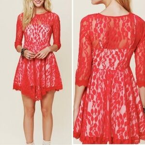 Free People Lace Floral Babydoll Mini Dress in Red